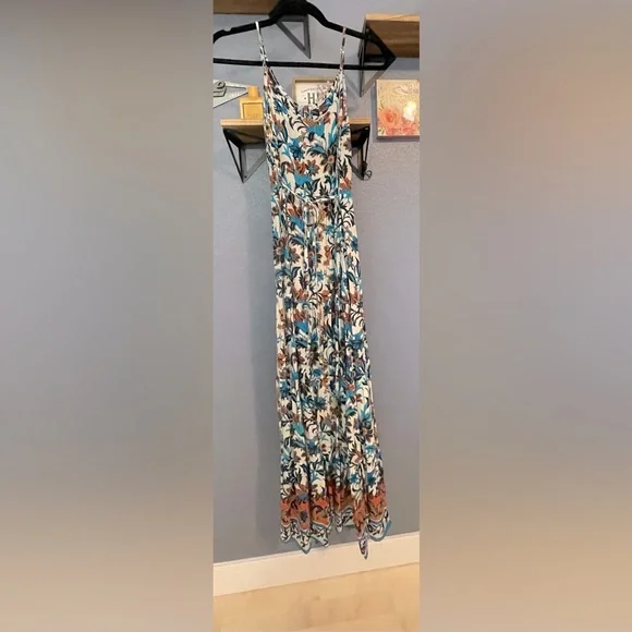 Bog Collective | Dresses | Bog Collective Sun Dress Maxi Boho Rayon Blue  White Orange Pattern | Poshmark